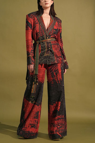 Red and black stroke printed pantsuit and belt