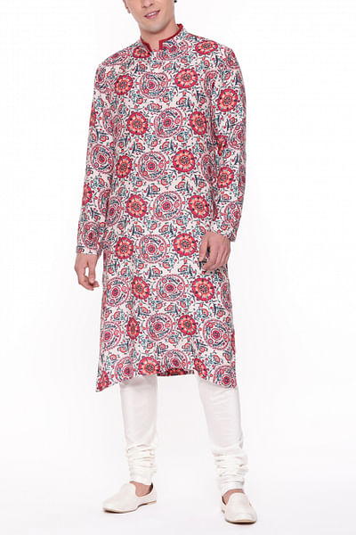 Red and blue floral printed kurta set