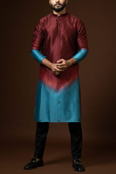 Red and blue ombre embroidered kurta set