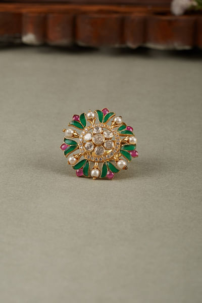 Red and green floral meenakari cocktail ring