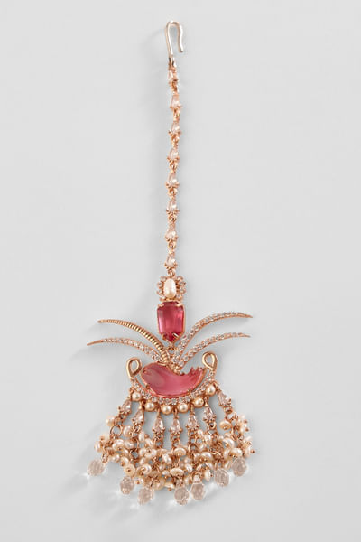 Red and pink cubic zirconia maang tikka