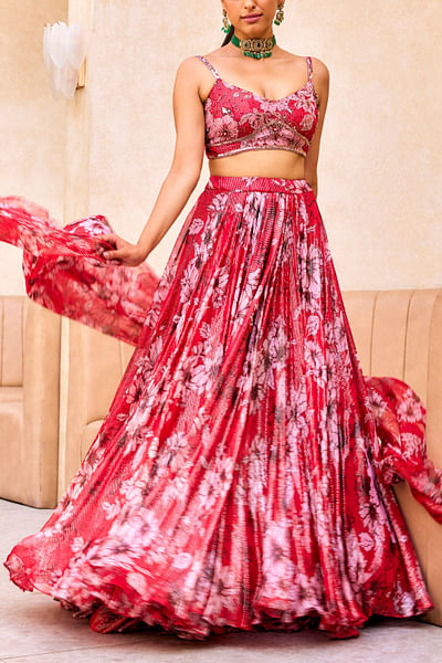 Red and pink floral print lehenga set