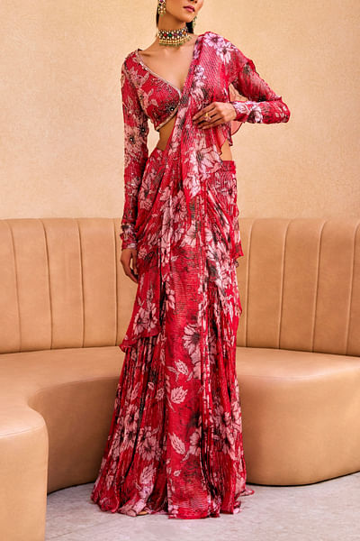 Red and pink floral print ruffle saree set