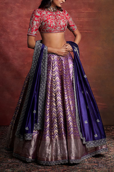 Red and purple chevron banarasi lehenga set