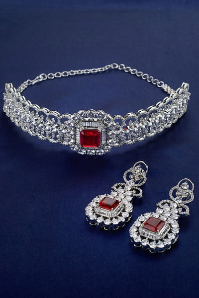 Red and silver ruby and zircon choker set