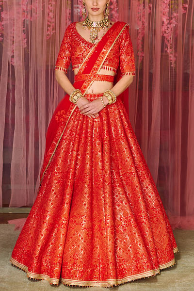 Red applique embroidered lehenga set