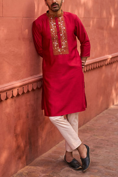 Red applique patra work kurta set