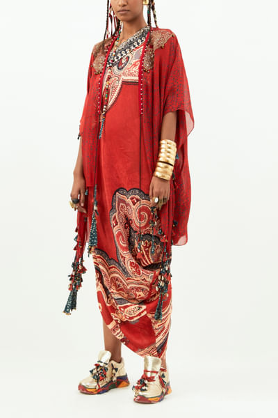 Red artsy print jacket and dress