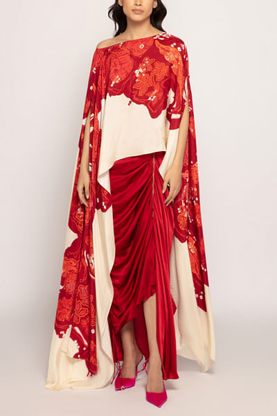 Red asymmetric draped cape