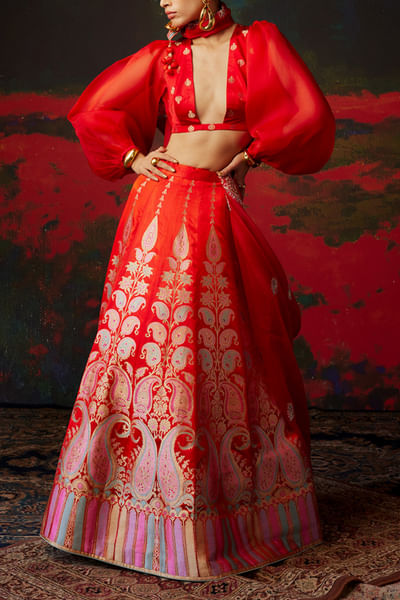 Red banarasi silk zari lehenga set