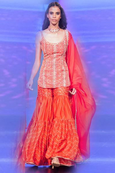 Red bandhani print gharara set