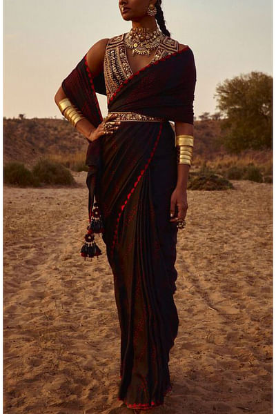 Red bandhani tie-dye sari set