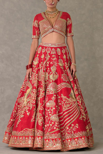 Red bird and floral embroidery lehenga set