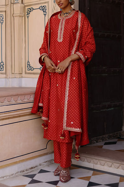 Red block print and embroidered kurta set