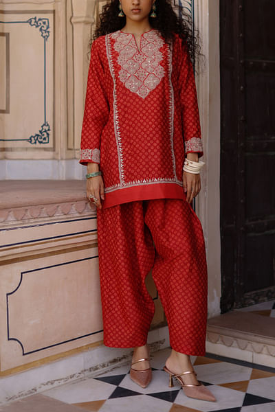 Red block print and embroidered short kurta set