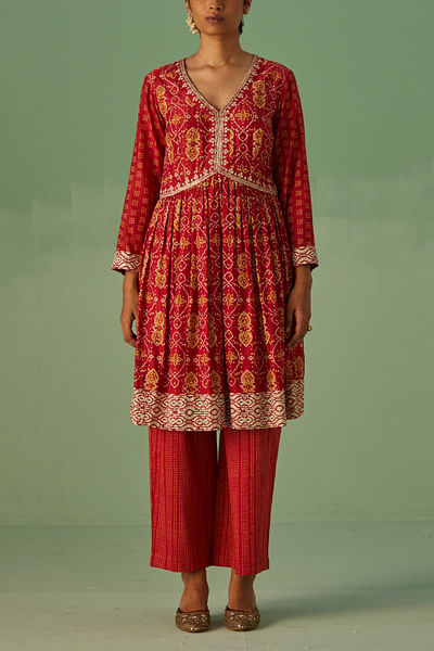 Red block printed kurta and pants