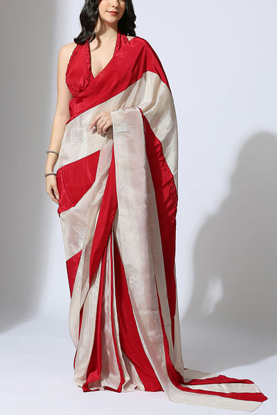 Red colour block tissue sari set