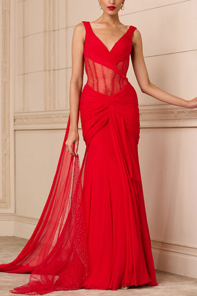Red crystal studded draped gown