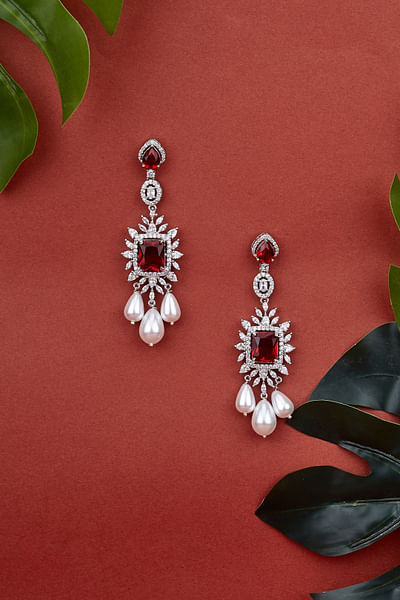 Red cubic zirconia diamond and pearl danglers