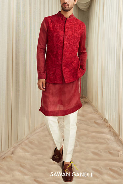 Red cutdana embellished Nehru jacket set