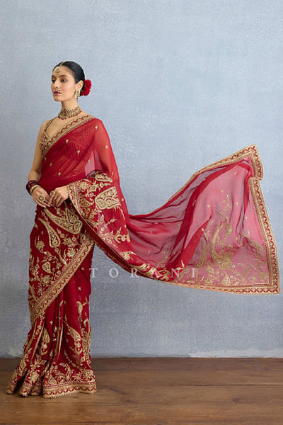 Red dabka and badla embroidered sari set