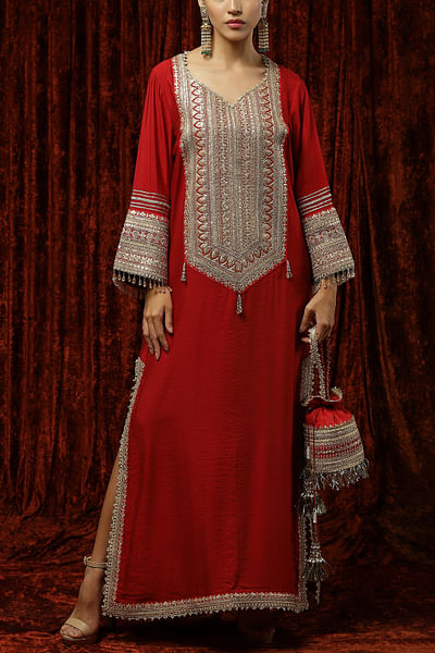 Red dori and gota embroidered kaftan