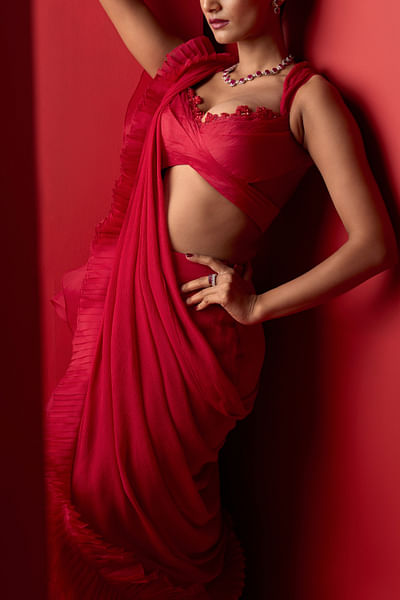 Red double drape ruffled sari set
