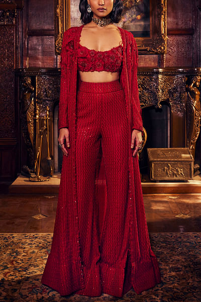 Red embellished jacket set
