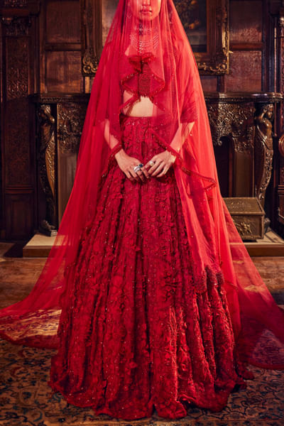 Red embellished lehenga set