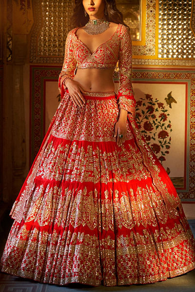 Red embellished lehenga set