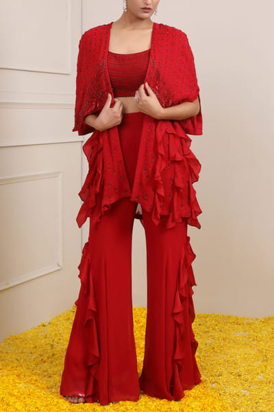 Miku Kumar Red embellished ruffled cape set MKUJAN24D106