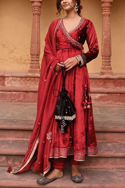 Red embroidered angrakha anarkali set