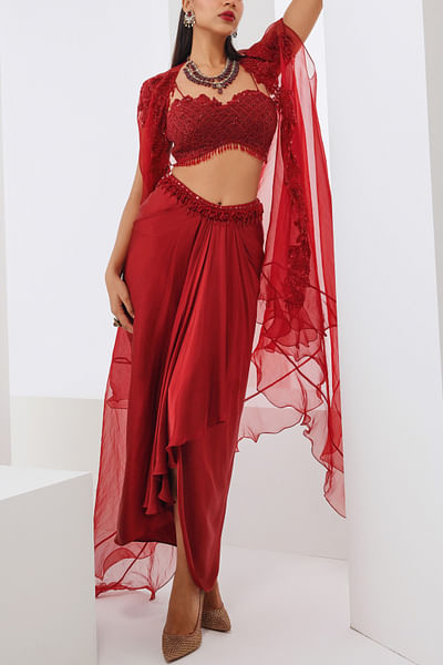 Red embroidered cape and dhoti set