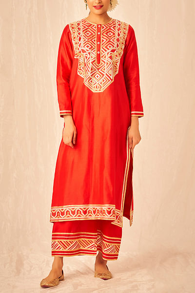 Red embroidered chanderi silk pants