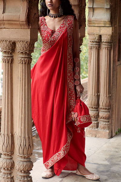 Red embroidered draped concept sari set