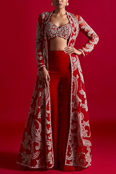 Red embroidered jacket and gharara