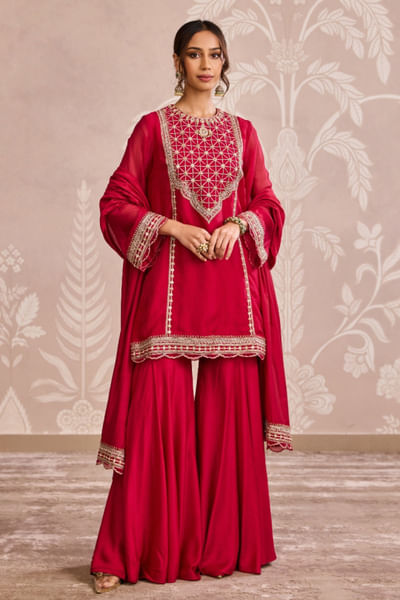 Red embroidered kurta and sharara set