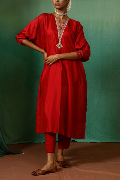 Red embroidered kurta set
