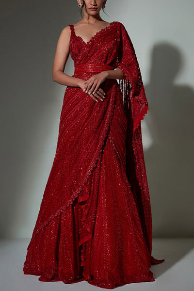 Red embroidered lehenga sari set