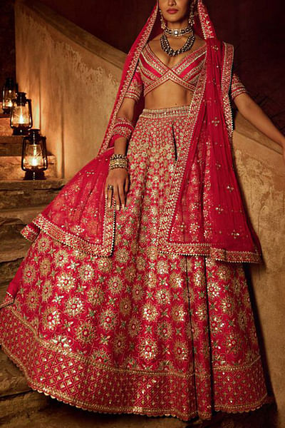 Red embroidered lehenga set