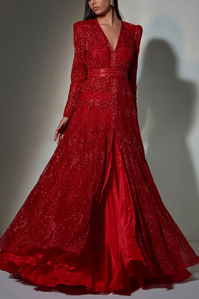 Red embroidered lehenga set