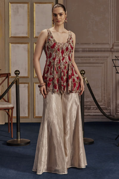 Red embroidered peplum top and sharara