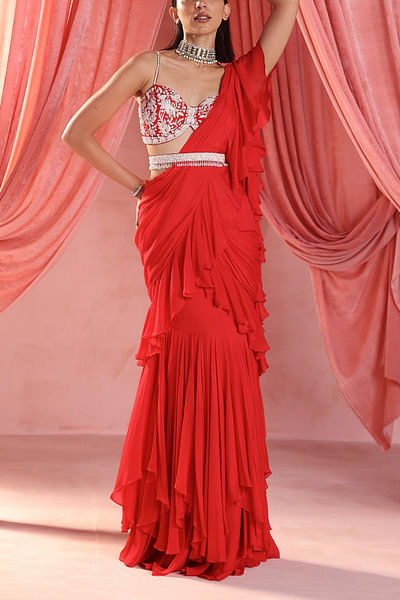 Red embroidered pre-draped ruffle sari set