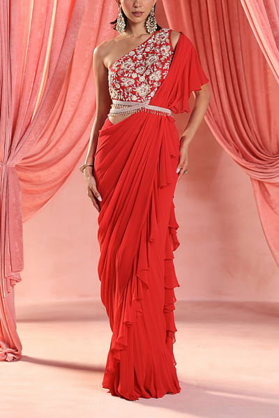 Red embroidered pre-draped ruffled sari set