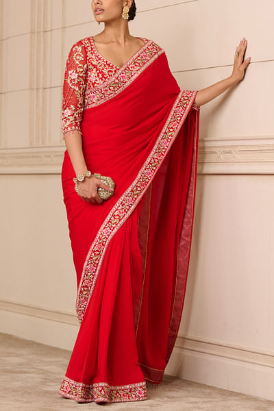 Red embroidered sari set