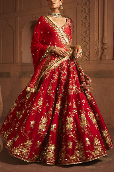 Red floral and bird embroidery lehenga set