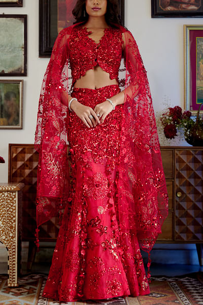Red floral applique and sequin embroidery lehenga set