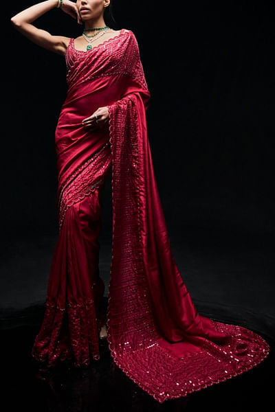 Red sequin and cutdana embellished sari set