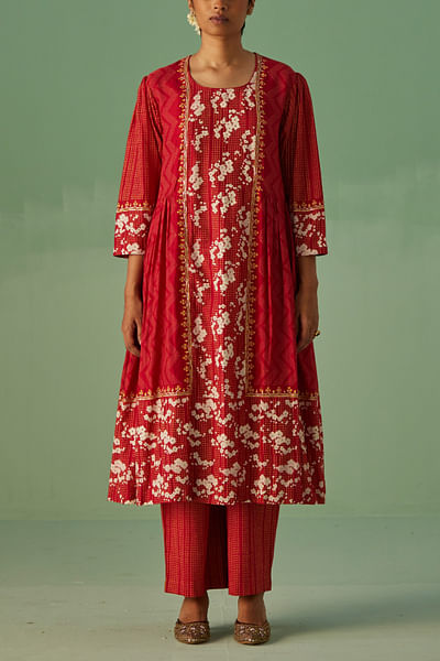 Red floral block print kurta and pants
