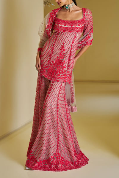 Red floral crystal embroidery sharara set